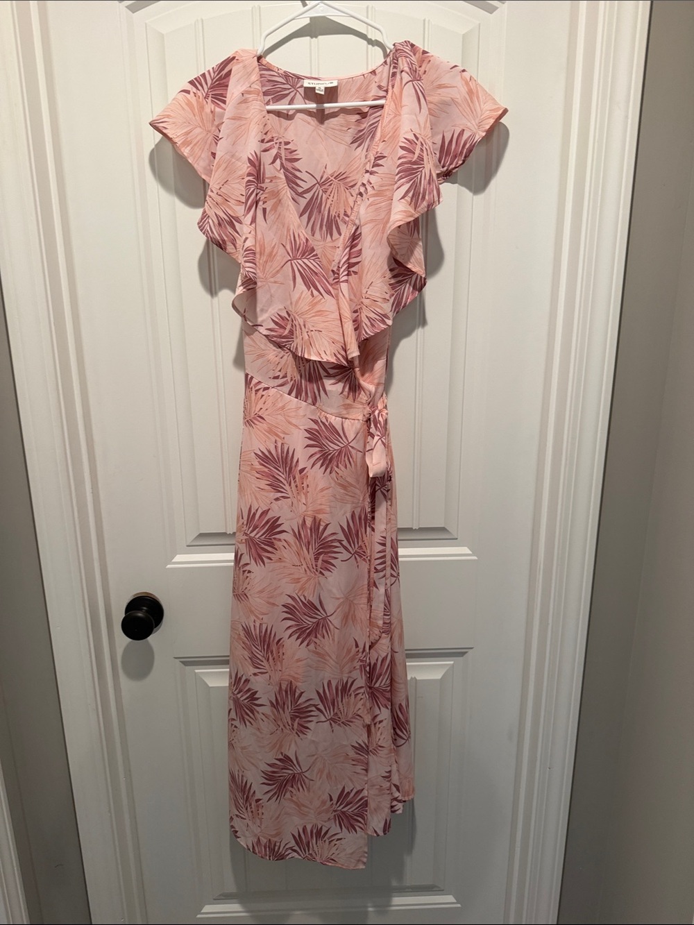 Blush Pink Tropical Print Ruffle Wrap Maxi Dress